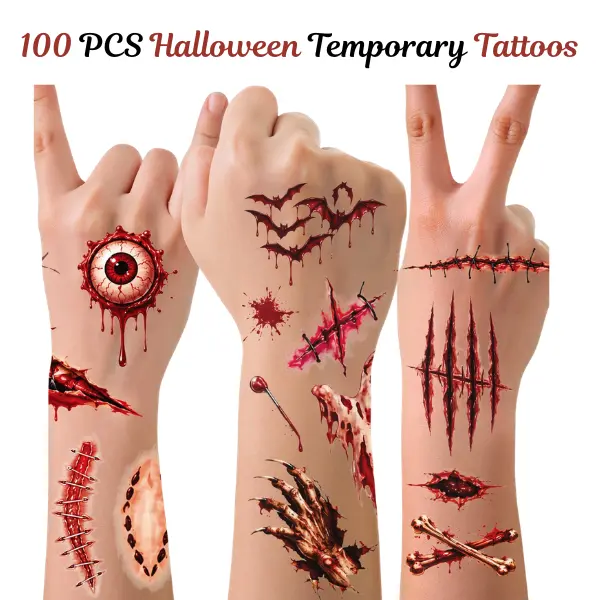100 PCS Halloween Temporary Tattoos, Halloween Tattoo Stickers for Kids & Adults, Spooky Party Favor Gifts, Trick or Treat Goodie Bag Stuffers, Halloween Games & Party Supplies