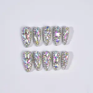 Rhinestone Decor Fake Nails, 10pcs/set Glossy Finish Press on Nails for Women & Girls DIY Nail Art, Elegant Stick on Nails Kit, Glittering Fake Nails, Elegant rhinestone decorated