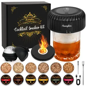 Electric LED Whiskey Smoker Kit - Built-In Rechargeable Lighter, No Butane, 6 Wood Chips Cocktail Smoker Gift for Men