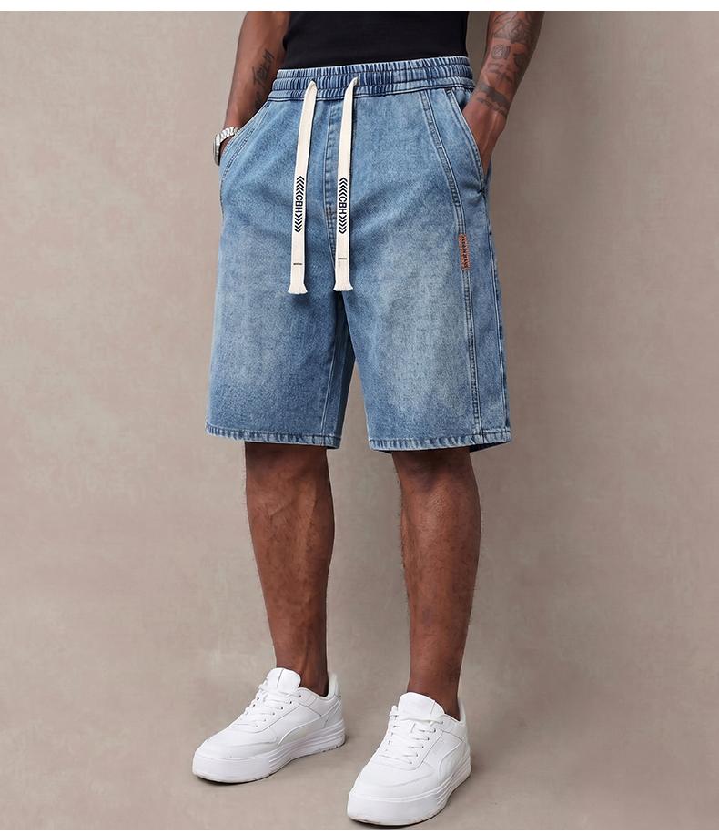 Men&rsquo;s summer lightweight denim shorts &mdash; trendy short men&rsquo;s pants, loose stretch mid-thigh denim shorts, classic street cotton everyday wear for men, elastic waistband drawstring denim shorts