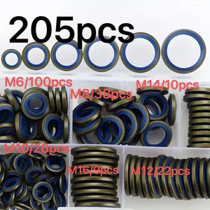 205PCS  Blue Oil Seal Gasket Kit, M6-M16 rubber and metal washer assortment, ideal for full engine seal replacement on cars, trucks and motorcycles.Equipped with leak-proof O-rings and crush gaskets, high temperature and corrosion resistant.