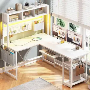 Sikaic L Shaped Gaming Desk with LED Lights, 57.5 Inch Reversible White Computer Desk with Power Outlet for Home Office and Gaming Setup