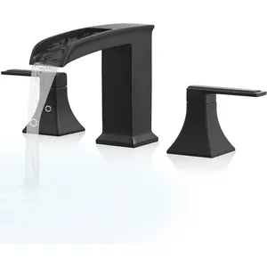 Brass High Flow Roman Bathtub Faucet Black Tub Faucet, Waterfall Bath Tub Faucet Set 3 Hole, Widespread Bathtub Faucets Deck Mount Bath Tub Faucets with 2 Knob, Pre-Installed Water Hose