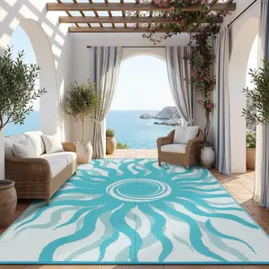 Bohemian Sun Pattern Outdoor Rug Double-Sided Reversible Plastic Straw Woven Washable Waterproof Foldable for Beaches RVs Balconies Patios Picnics absorbent rug