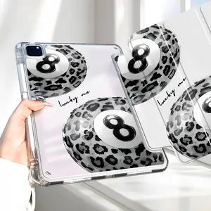 Trendy Leopard 8 Ball Protective iPad Case, Tri-Fold Stand Case for iPad, "Lucky Me" Aesthetic Transparent Acrylic Hard Back, Pencil and Charger Slots, Tablet Cover for iPad 10.2inch, Mini, Pro, Air, Ideal for Work and School, Casing, Protection
