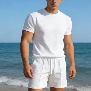Textured Geometric Knit Men's Two Piece Set Short Sleeve Crew Neck Top and Drawstring Waist Shorts Perfect for Summer Beach Wear and Casual Street Style Combinations