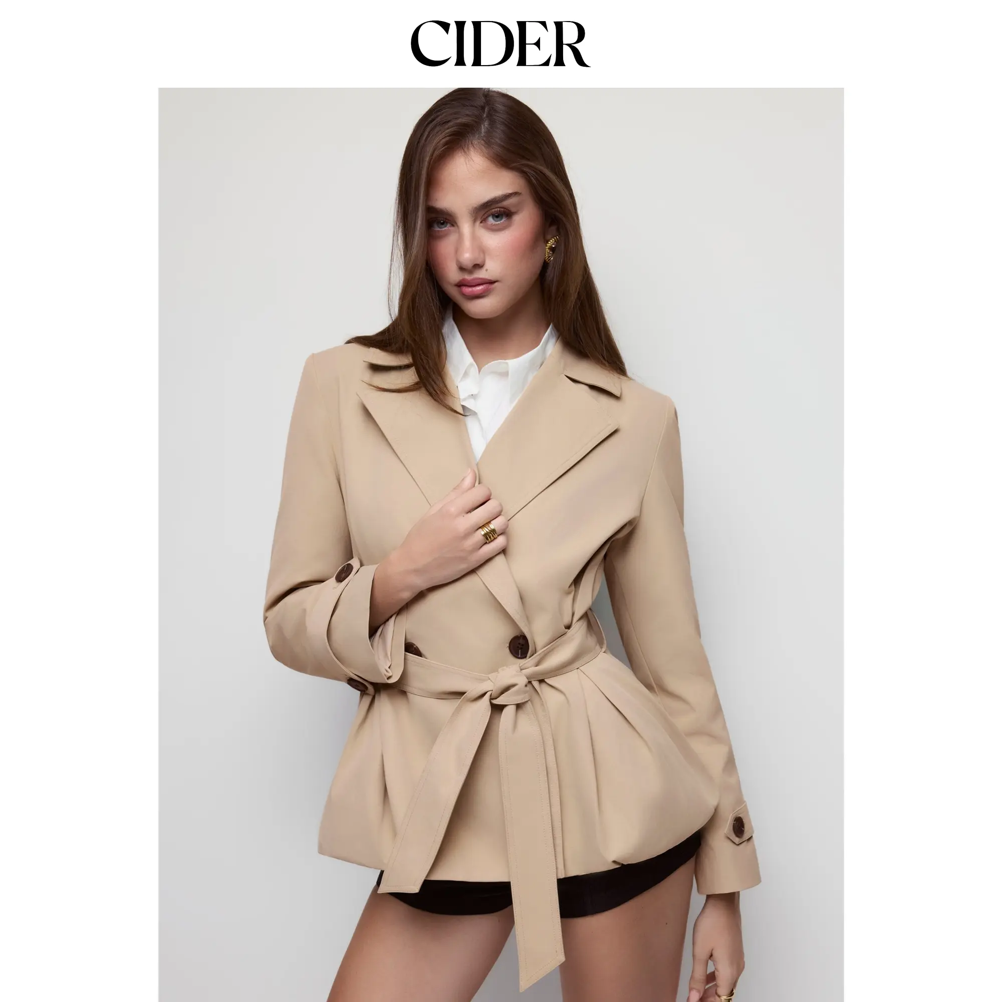 Cider Women's Polyester Regular Fit Trench Coat - Notched Collar, Double Breasted, Bubble Hem, Belted Waist