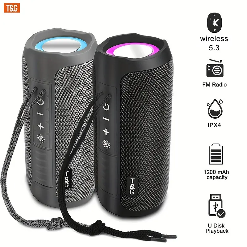 T&G TG-227 IPX5 Waterproof Bluetooth Speaker, Dynamic RGB Rhythm Lights, Hands-free Call & FM Radio, Portable Carry Lanyard, Rich Bass Sound, For Beach, Shower, Camping, Party, Cost-effective Outdoor Music Gift