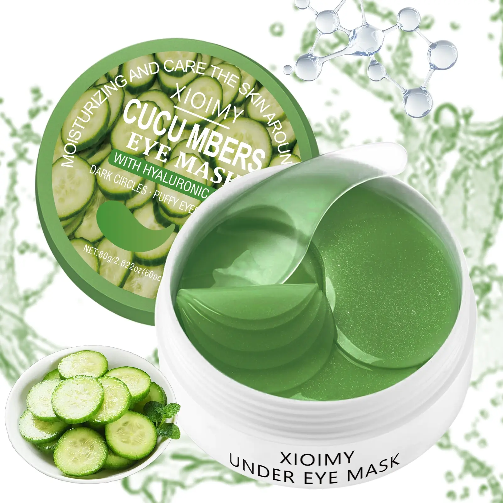 60pcs Cucumber and Collagen Eye Masks, Eye Mask Treatment Hydrating Gel Balm under-Eye Patches Pack with Hyaluronic Acid for Moisturizing and Brightening Dark Circles