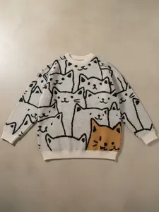 Unisex Men's All Over Cat Print Drop Shoulder Sweater, Cute Casual Long Sleeve Round Neck Jumper for Spring & Fall, Fashion Men's Knitwear for Daily Wear, Casual Comfy Pullover, Menswear