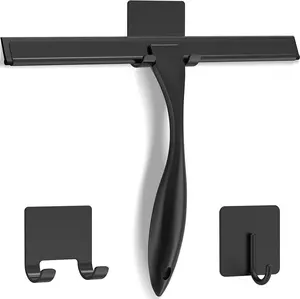 All-Purpose Stainless Steel Shower Squeegee for Shower Doors with 2 Adhesive Hooks, Bathroom Cleaner Tool Household Window Mirror Squeegee for Home Cleaning, Glass Door, Tile Wall, Car, 12 Inch Black Docrok