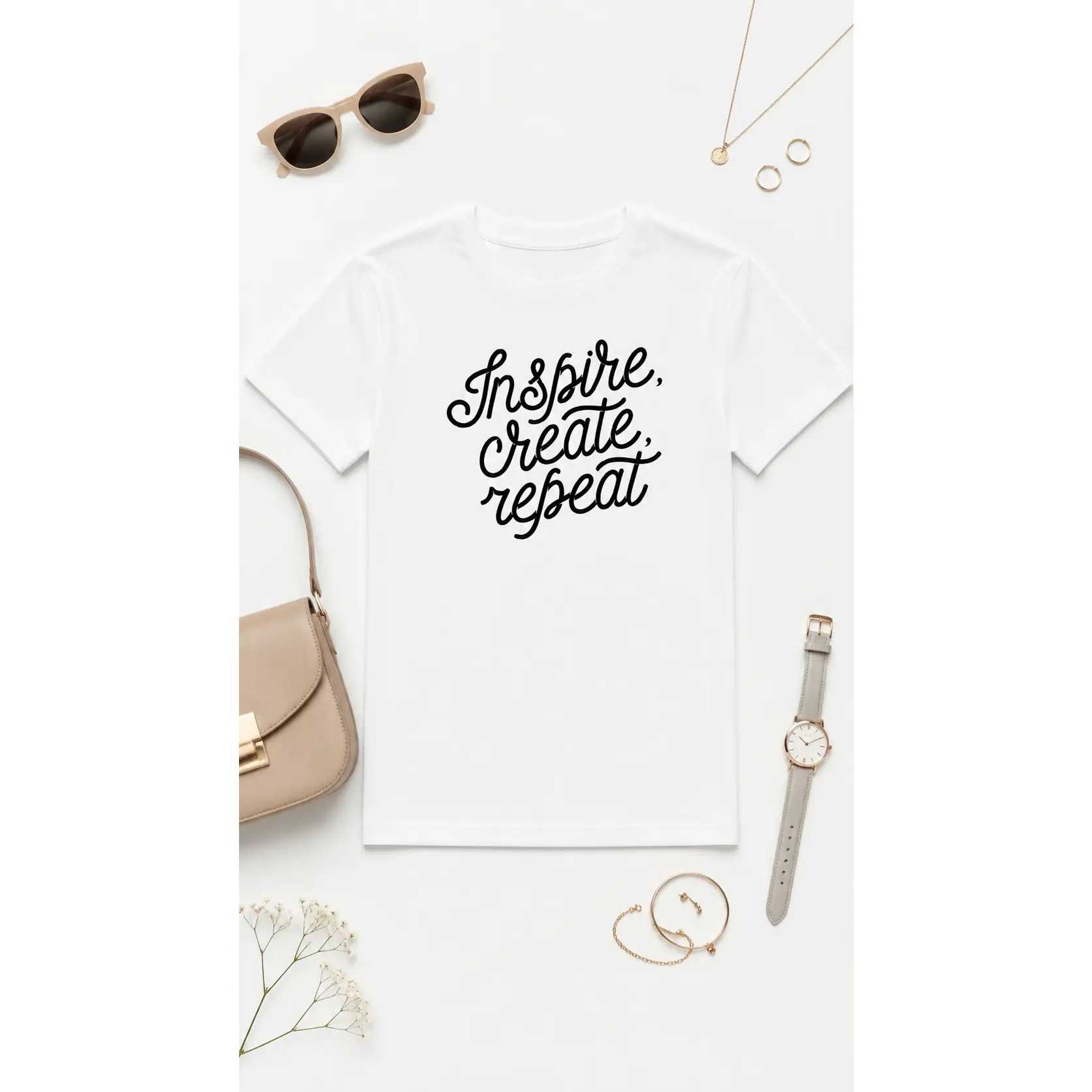 Inspire Create Repeat Graphic T-Shirt Motivational Quote Tee Minimalist Script Typography Shirt Casual Streetwear Gift for Artists Creatives