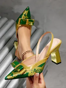 New Pointed Toe Chunky Heel Bow High Heels Sandals Snake Print Gold Block Women's Shoes, Classy Sandal, Stylish and Comfortable, Elegant Party Footwear