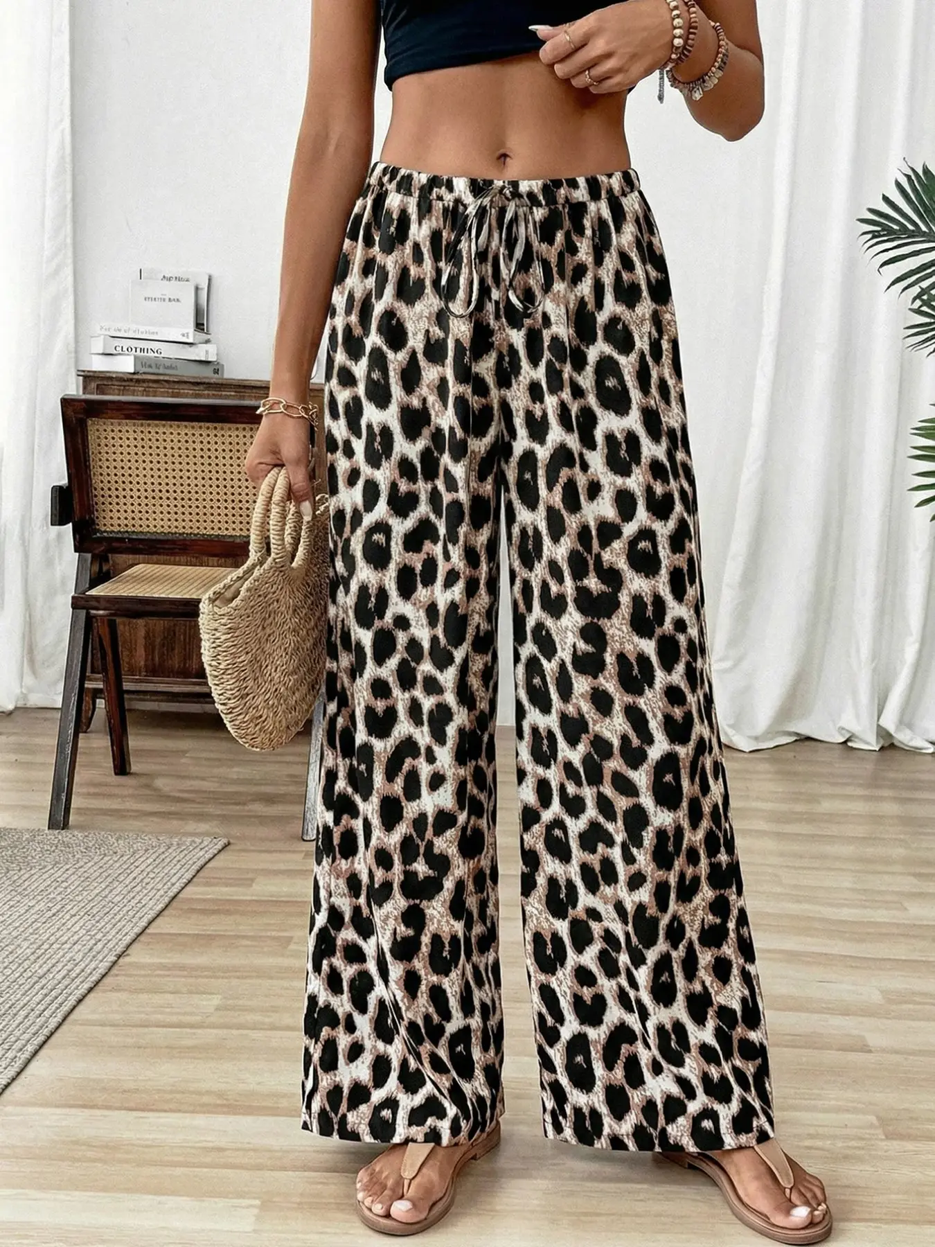 Viral Leopard Print Wide Leg Pants, High Waist Flowy Summer Trousers, Casual Trousers, Boho Fashion Trousers, Boho Style, Y2K Aesthetic Streetwear & Vacation Bottoms, Comfy Loose Fit Lounge Pants, Lightweight Breathable Fabric, for Beach, Daily Wear
