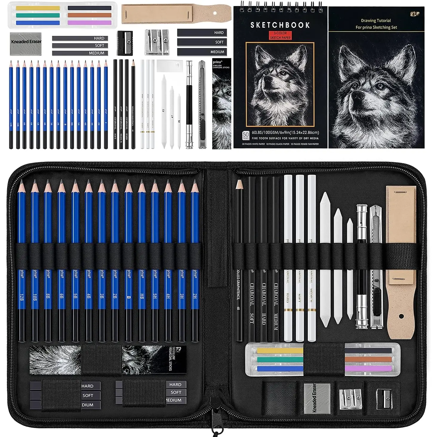 50 Pack Drawing Set Sketch Kit, Sketching Supplies with 3-Color Sketchbook, Graphite, and Charcoal Pencils, Pro Art Drawing Kit for Artists Adults Teens Beginner , Ideal for Shading, Blending