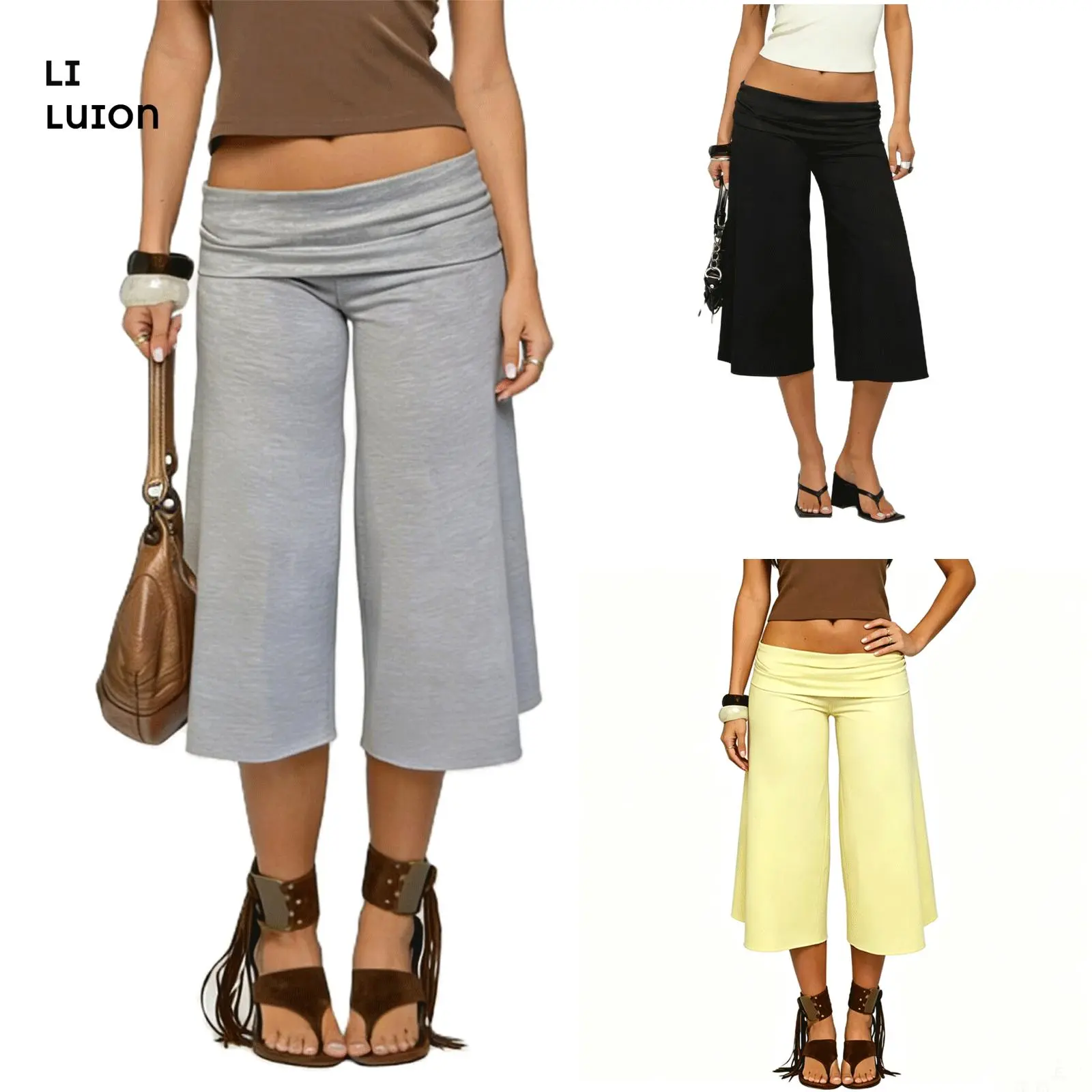 Summer Womens Fold Over Gaucho Pants Culottes Low Rise Capris Foldover Flowy Going Out Flare Bottoms Wide Leg Capri Pants