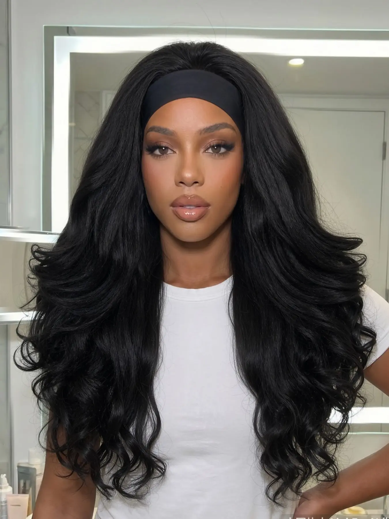 Yaki Curly Headband Wigs for Women, 26inch Synthetic Wavy Hair, Glueless Half Wig with Headbands, All-Season Long Wigs, Daily Wear Wig, Headband Style Wig, No Glue Wig