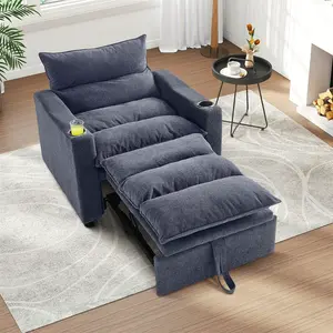 36-inch Convertible Sleeper Chair, 3-in-1 Pull Out Velvet Cloud Comfy Futon Fluffy Single Sofa Couch Chair Bed with 2 Cup Holders for Guest Room, Living Room, Office, Adjustable Backrest, Grey Upholstered Padded Seat