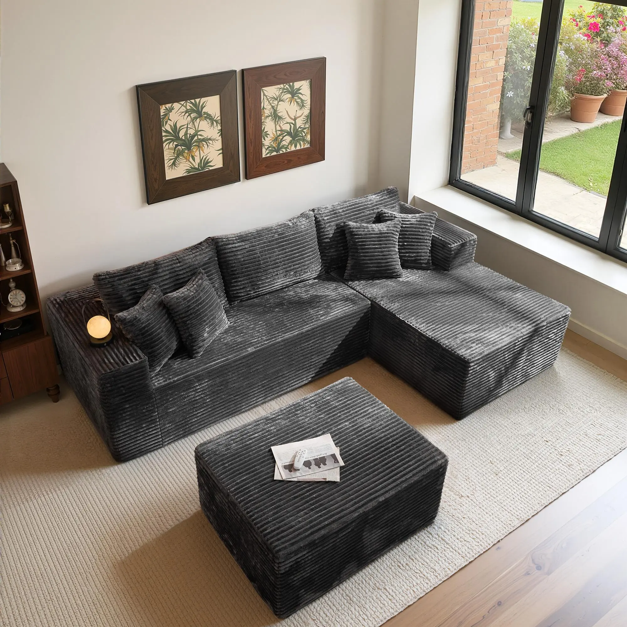 Gray Corduroy Right Chaise With Ottoman