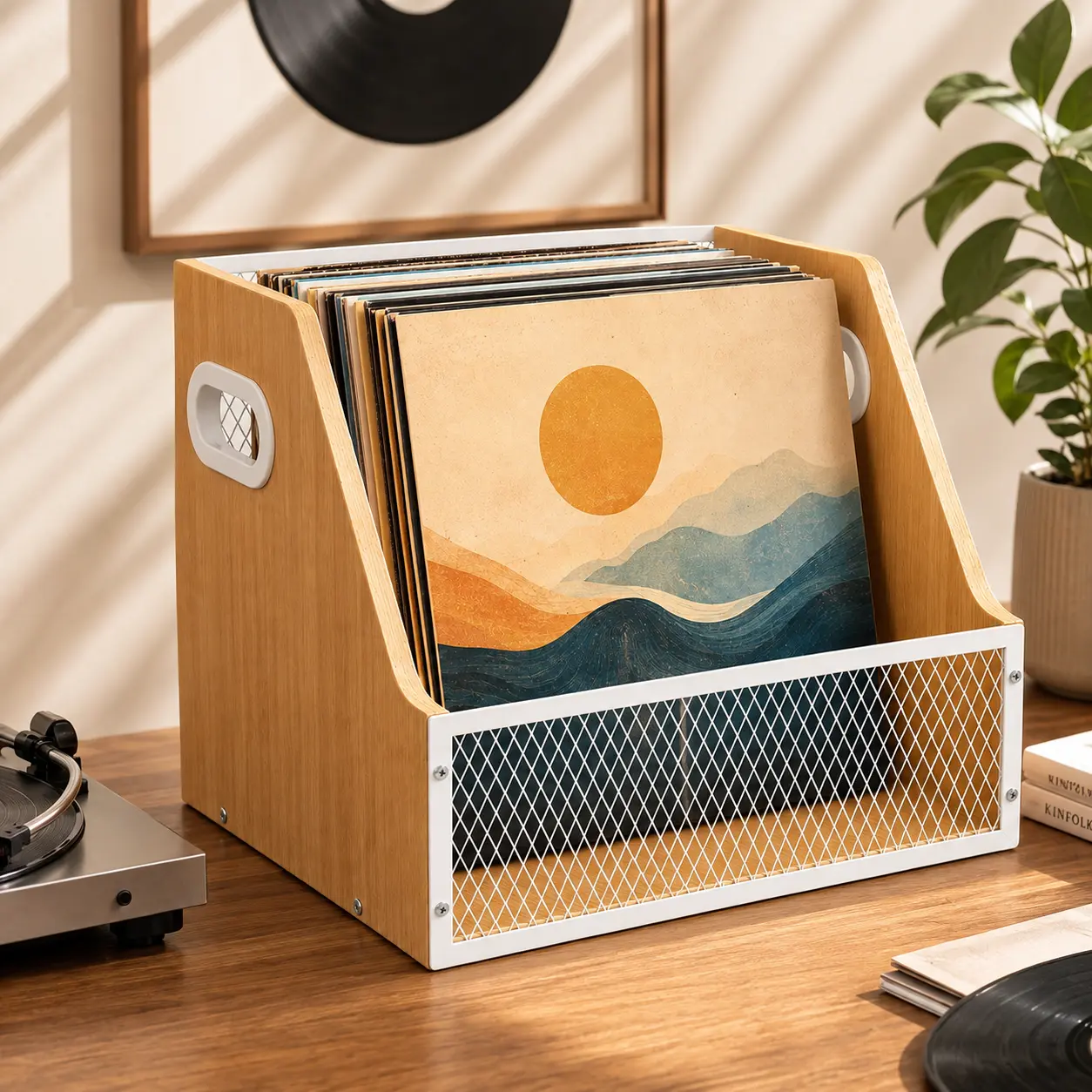 Natural Wood Vinyl Record Storage Crate - Solid Wood Sides & Base, White Iron Mesh Panel, Simple Design Desktop Organizer with Carrying Handles, LP Album Holder for Music Collectors, Multi-Purpose Indoor Furniture Shelf