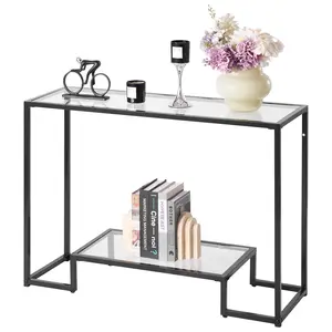 VEVOR 2-Tier Glass Console Table, Modern Rectangle Sofa Side Table with Tempered Glass Top and Iron Legs, Golden Modern Furniture with Anti-Tip Device for Living Room, Hallway, Black