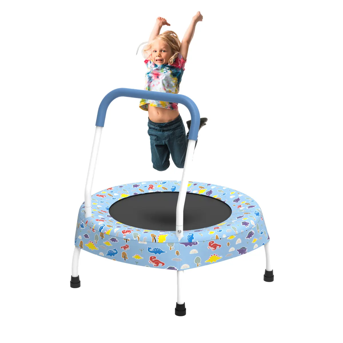28-Inch Toddler Trampoline with Printed Pattern, Steel Frame Mini Jumper with Safety Handle, Spring-Free Bungee System for Indoor/Outdoor Play, Toddler Gifts
