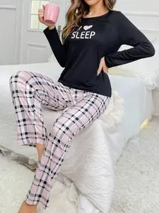 Women's Letter Graphic Tee and Plaid Pants Pajama Set