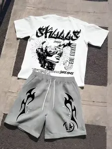 Men's Letter Print Short Sleeve and Shorts Set, Elastic Design for Comfort Fit, Breathable Fabric, Fashion Summer for Casual Wear