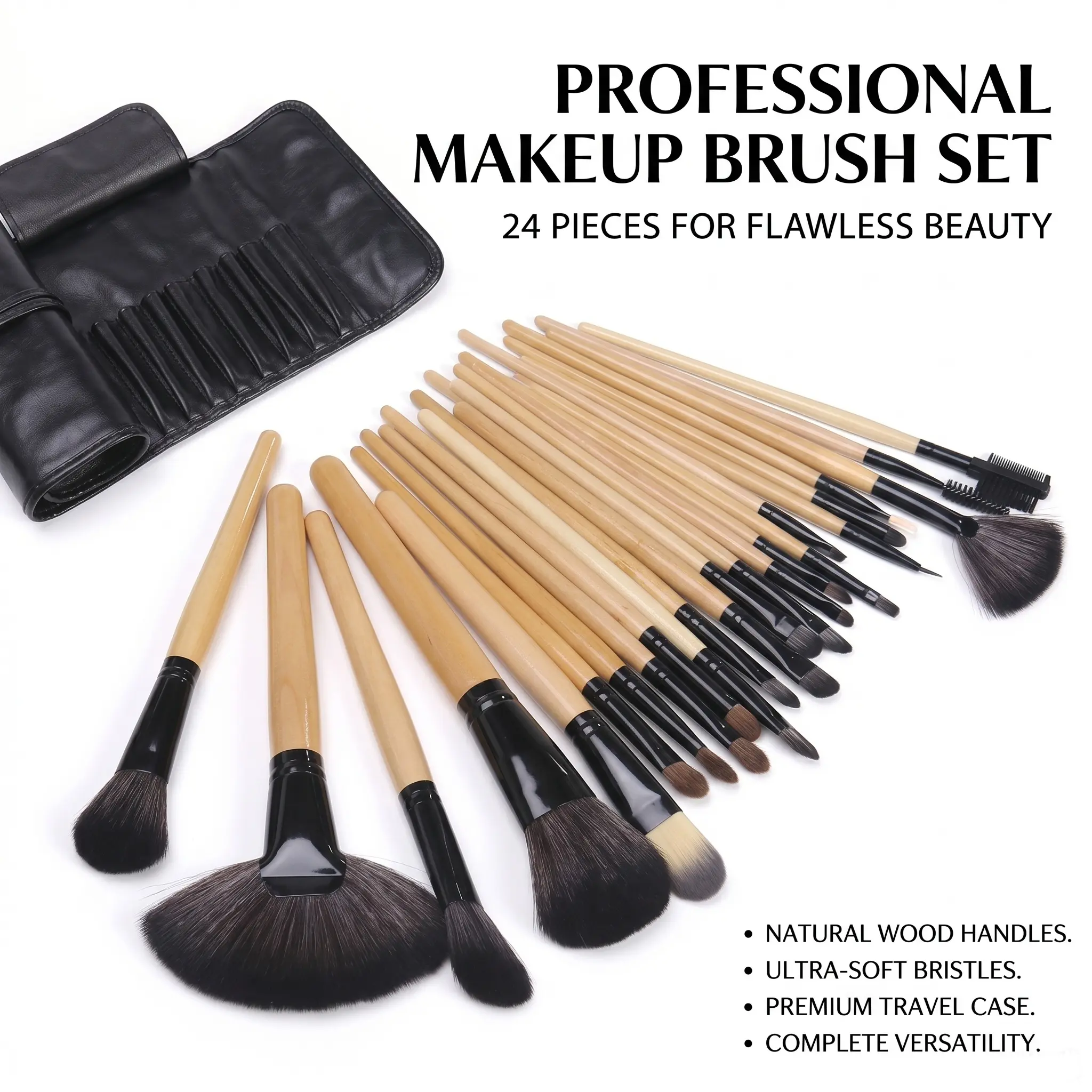 Professional Grade 24-Piece Natural Wood Color portable travel  Makeup Brushes Set - Premium Synthetic Hair, Vegan, Cruelty-Free for Foundation, Powder, Eyeshadow Application Artist  foundation brush shape sponge liquid cream makeup tool