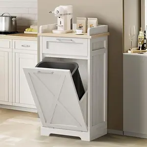 DWVO Wooden Trash Cabinet with Drawer, Tilt-Out Hamper for Kitchen Island, 20.5" W x 14" D x 39" H, Off White/Black