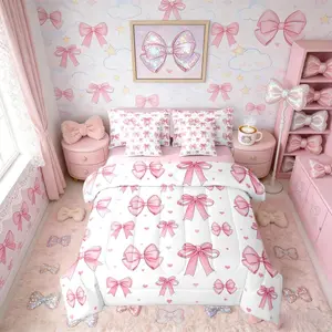 Feelyou 7-Piece Pink Cartoon Bow Bed Comforter Set - Bowknot Design Blanket, Printed Blanket, Soft Breathable & Comfy Bedding, Sheets, Romantic Butterfly Pattern, for Teens & Women