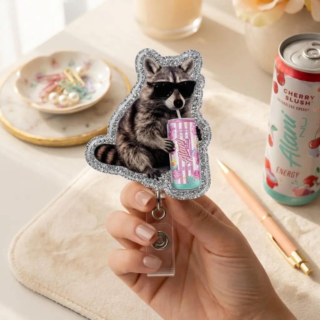 Funny Raccoon Energy Drink Badge Reel, Soda Aesthetic Retractable ID Holder, Cute Acrylic Trash Panda Name Tag Clip, Gift