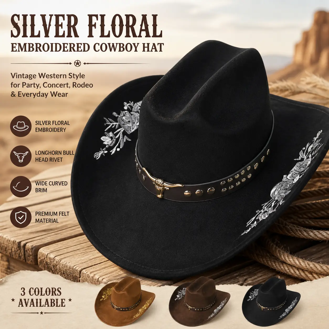 Silver Floral Embroidered Western Felt Cowboy Cowgirl Hat, Longhorn Bull Head Rivet Leather Band Wide Curved Brim Fedora Hat, Vintage Western Style Party Concert Rodeo Costume Hat