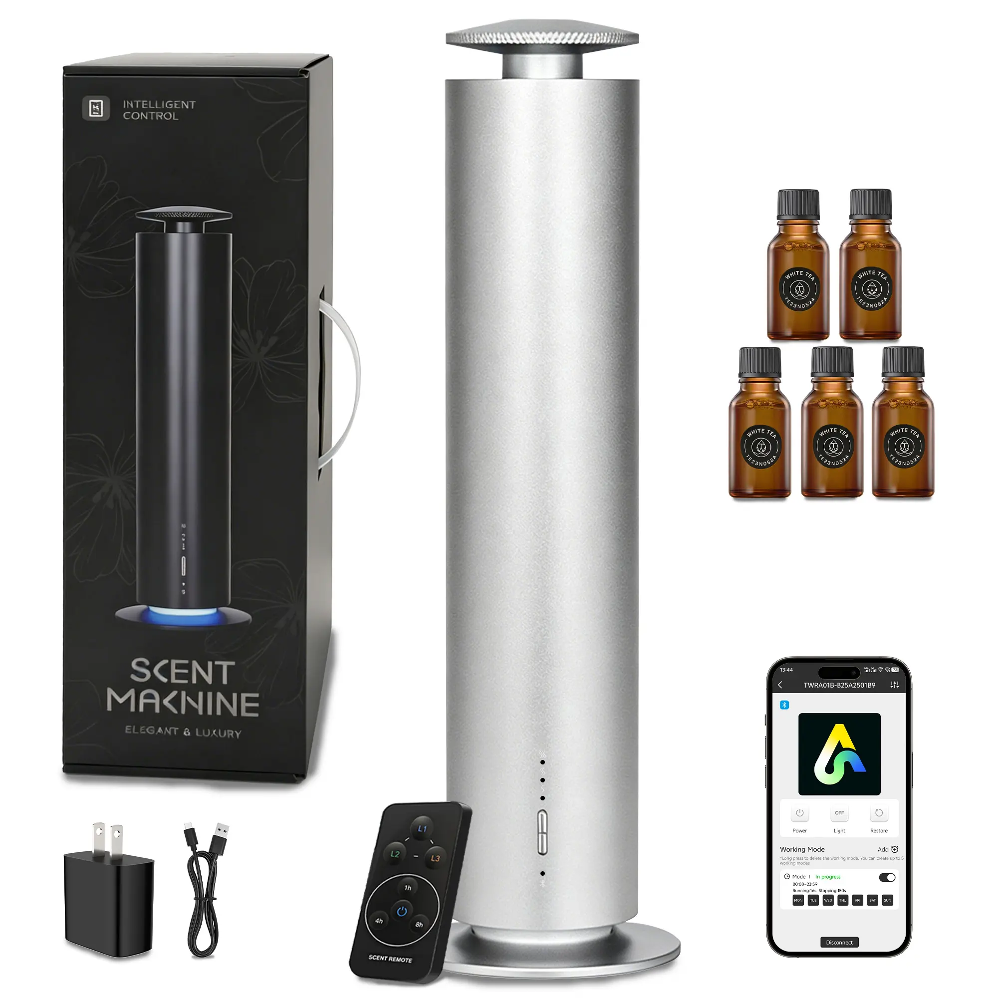 Cordless Triple Control Rechargeable Scent Machine with Button - Adjustable Aromatherapy Diffuser, 5×20ml Assorted Scented Essential Oils, 1000 Sq Ft Wide Coverage, Remote Operation, Cells for Commercial & Household Use