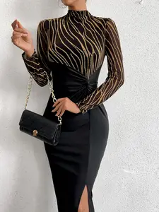Elegant Gold Striped High Neck Long Sleeve Dress, Sexy Bodycon Evening Gown, Transparent Mesh Gold Print, Perfect for Parties