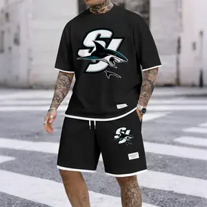 Men's Casual Style Shark Print Waffle Fabric Short-Sleeved Shirt And Shorts Set