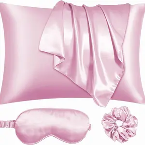 Cozy Room Accessories Solid Color Satin Pillowcase without Filler, 4 Counts Home Accessories Including 2 Pillowcase & 1 Hair Ring & 1 Eye Mask, Room Decor, Valentine's Day Gift, Silky Satin Bedding