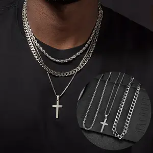 3PCS Punk Men's 304L Stainless Steel Cross Pendant Multi-layer Necklace Set Hip-Hop Casual Cuban Twist Chain Street Matching Stackable Necklace Chunky Chain Festivals, Birthdays, and Special Occasions Party Jewelry