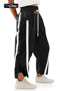 Women's Loose Wide Leg Pants Woven Casual Drawstring Adjustable Elastic Waist Colorblock Y2K Jogger Long Trousers Womenswear, Comfortable and Stylish Bottom
