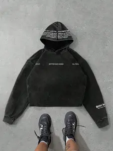 Men's cropped hooded sweatshirt, heavyweight washed cotton, religious prayer print, drop-shoulder loose fit, street style, Graphic Hoodie, autumn/winter wear.