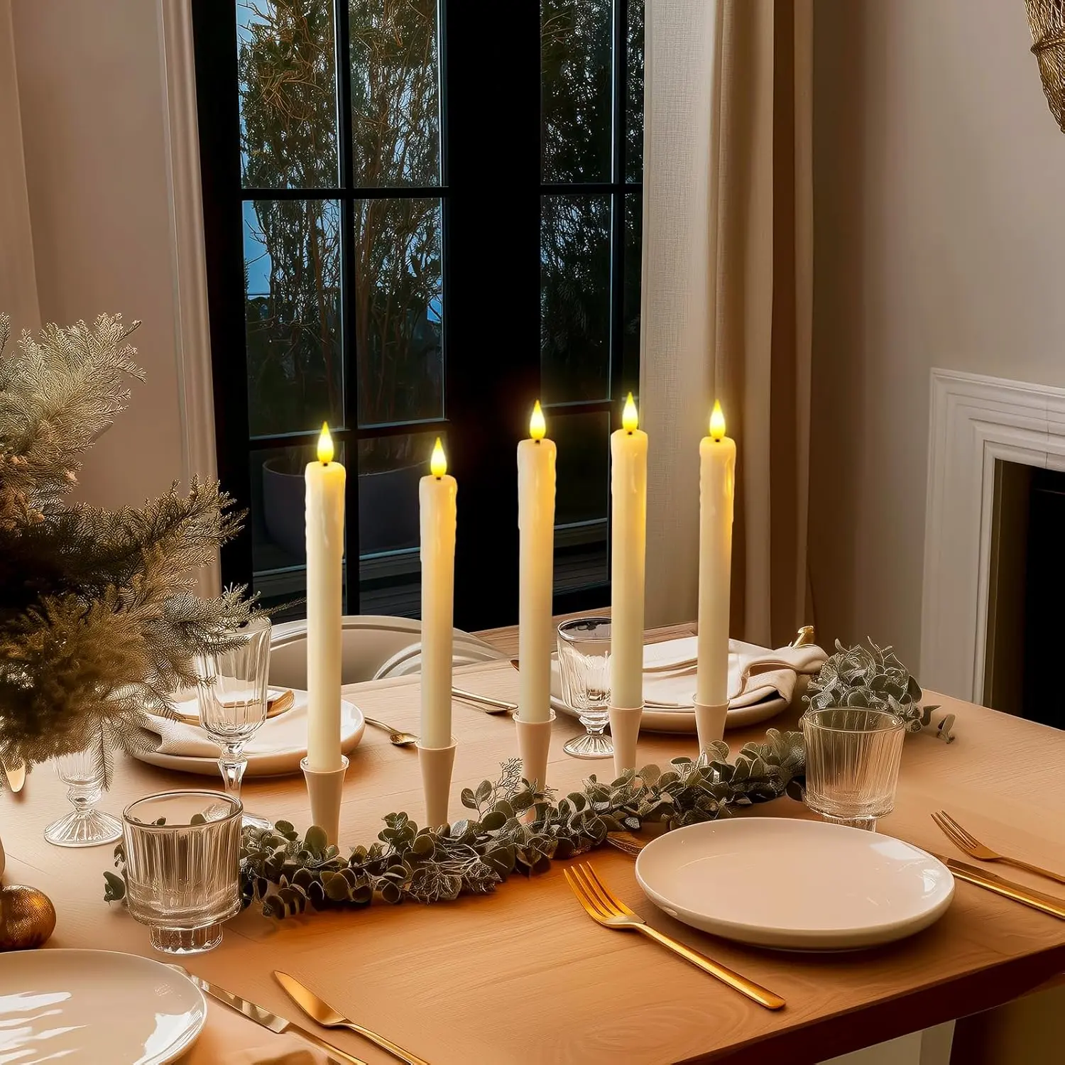 6 Pcs Real Wax Flameless LED Taper Candles with Remote & Timer, Battery Operated 3D Flickering Flame Window Candles for Fireplace Wedding Home Decor 9.6in Ivory