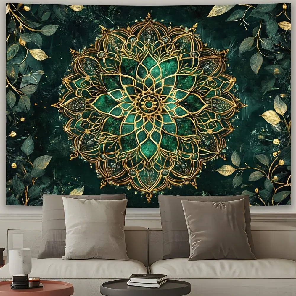 1pc 2D Flat Elegant Green Mandala Flower Tapestry with Golden Accents - Luxury Polyester Wall Art, No Power Needed Feather - Ideal Gift for Living Room, Bedroom Decor