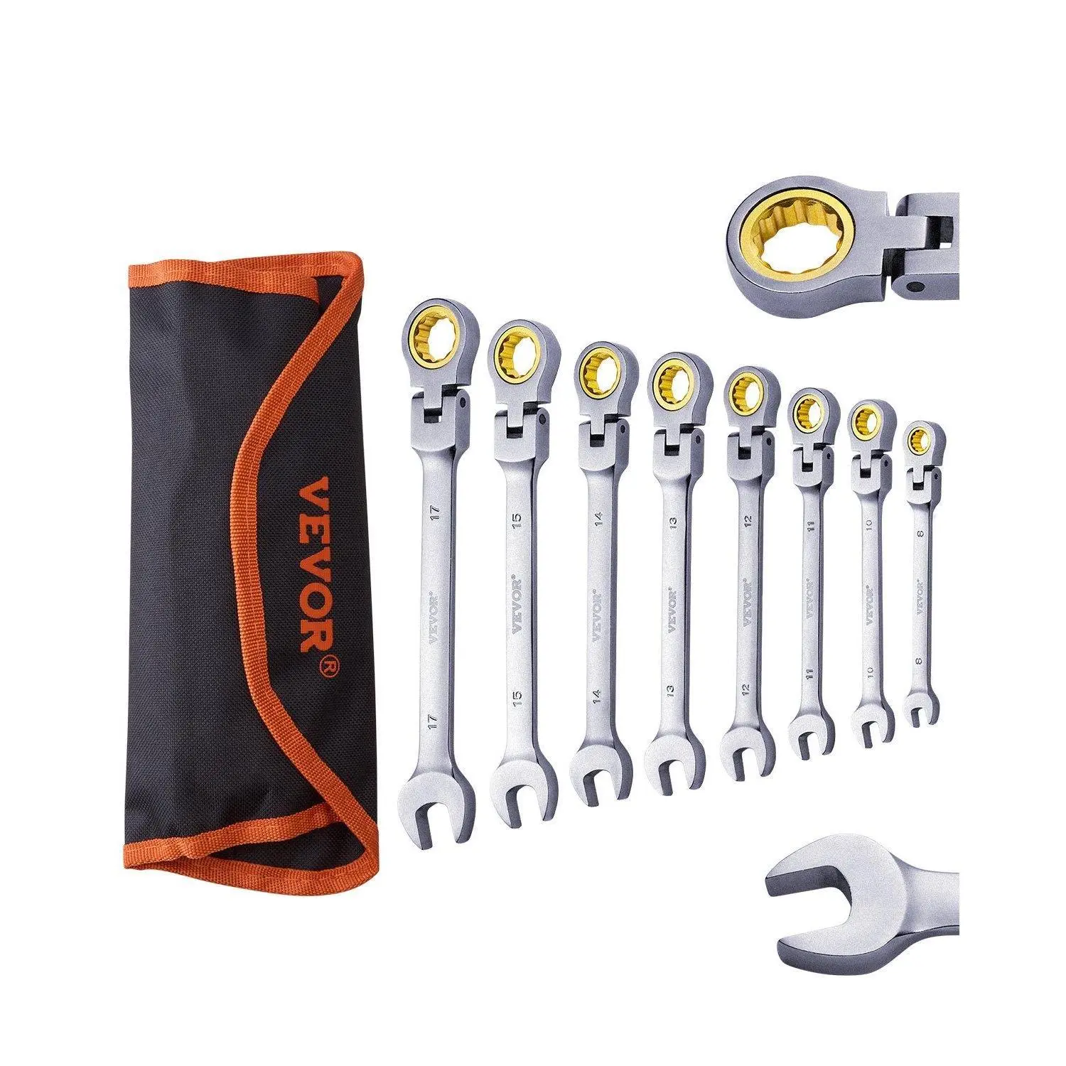 【summerfinds】VEVOR 8-PC Metric Adjustable Ratchet Wrench Set, Multifunctional 8 mm-17 mm Flex-Head Ratchet Combination Wrenches with Roll-up Pouch, Multifunctional Wrench Set