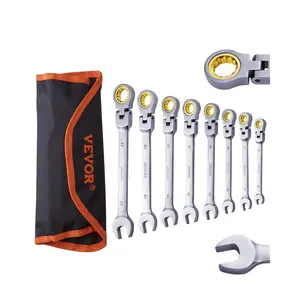 【fathersdaygift】VEVOR 8-PC Metric Adjustable Ratchet Wrench Set, Multifunctional 8 mm-17 mm Flex-Head Ratchet Combination Wrenches with Roll-up Pouch, Multifunctional Wrench Set