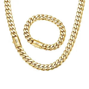 Set 2pcs 14K Gold Vacuum Plated Stainless Steel With Copper Black "S" Ear Clasp Miami Cuban Link Chain 6-14mm Necklace & Bracelet Italy Mexico & Micro Inspired for Women & Men Luxury Jewelry,Daily Wear,Fashion,Gift,Chicano,Classic,Hip Hop,Simple,Sporty