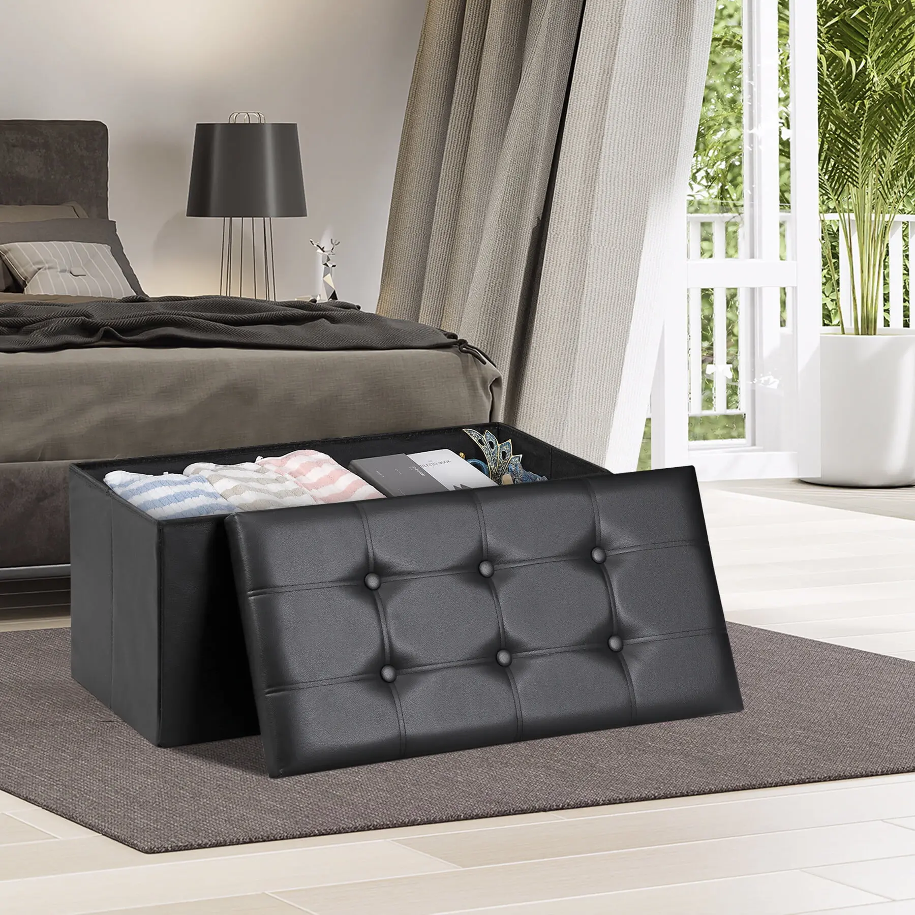 Zeny 30'' PVC Leather Folding Storage Ottoman - Padded Seat Footrest Stool with Storage, 350lbs Weight Capacity, Black, Footstool With Storage
