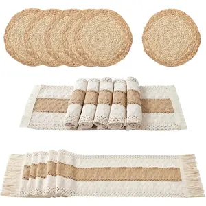 Boho Placemats Set of 13 PCS - Handmade Grass Woven Meal Mats and Natural Cotton Linen Burlap, with 1 Macrame Burlap Table Runner 12x70inch, Table Mats Set for Dining Table Kitchen