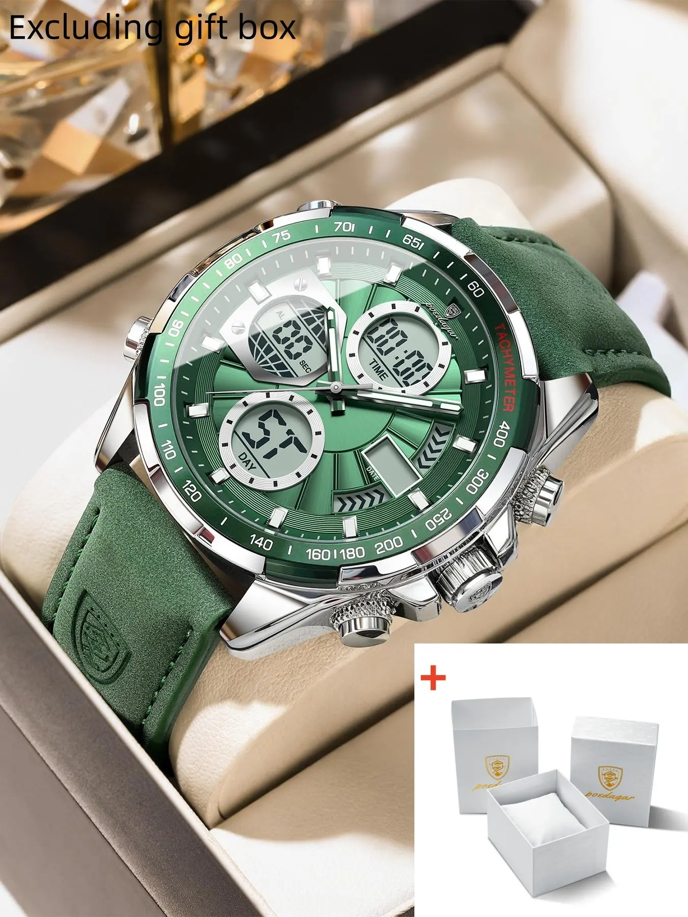 Poedagar LED Luxury Men's Watch with Bright Surface, Weekly Calendar, Dual Date Digital Display, Men's Electronic Alarm Clock, Multi functional Quartz Watch, Quartz Wristwatch, Analog Digital Wristwatch