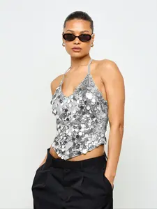 Metallic Sequin Halter Cami Top Festival Party Club Wear Evening Cocktail Dancing Sparkly Crop Tank