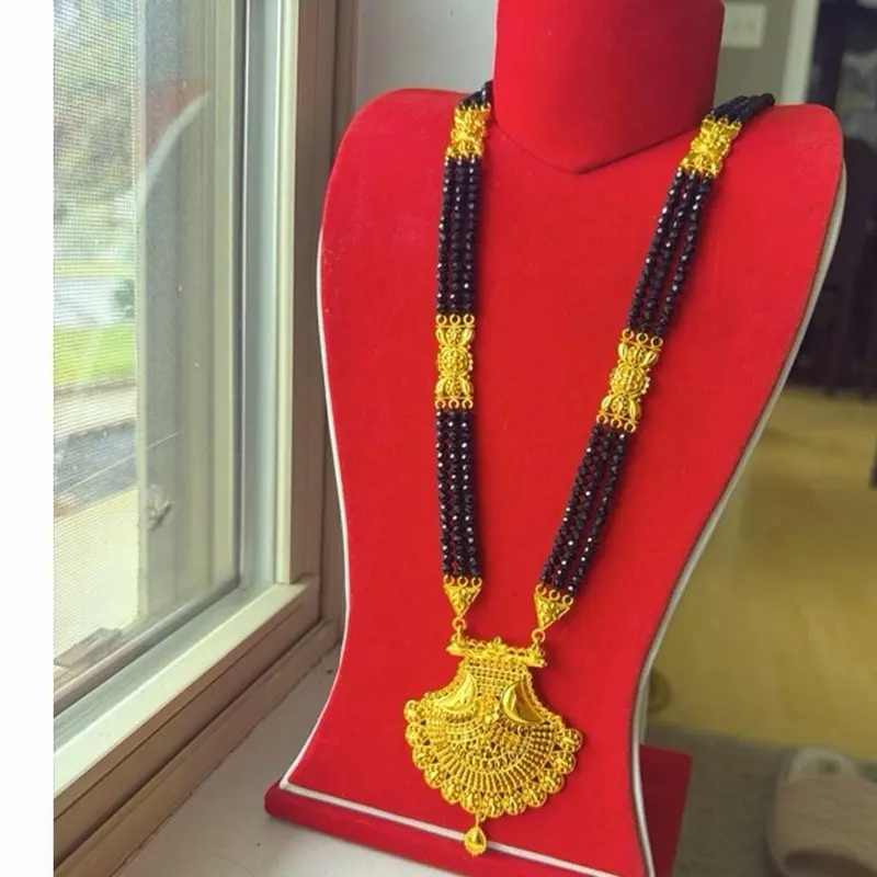 Black Crystal Long Necklace with Gold Tone Pendant - Elegant Jewelry for Women
